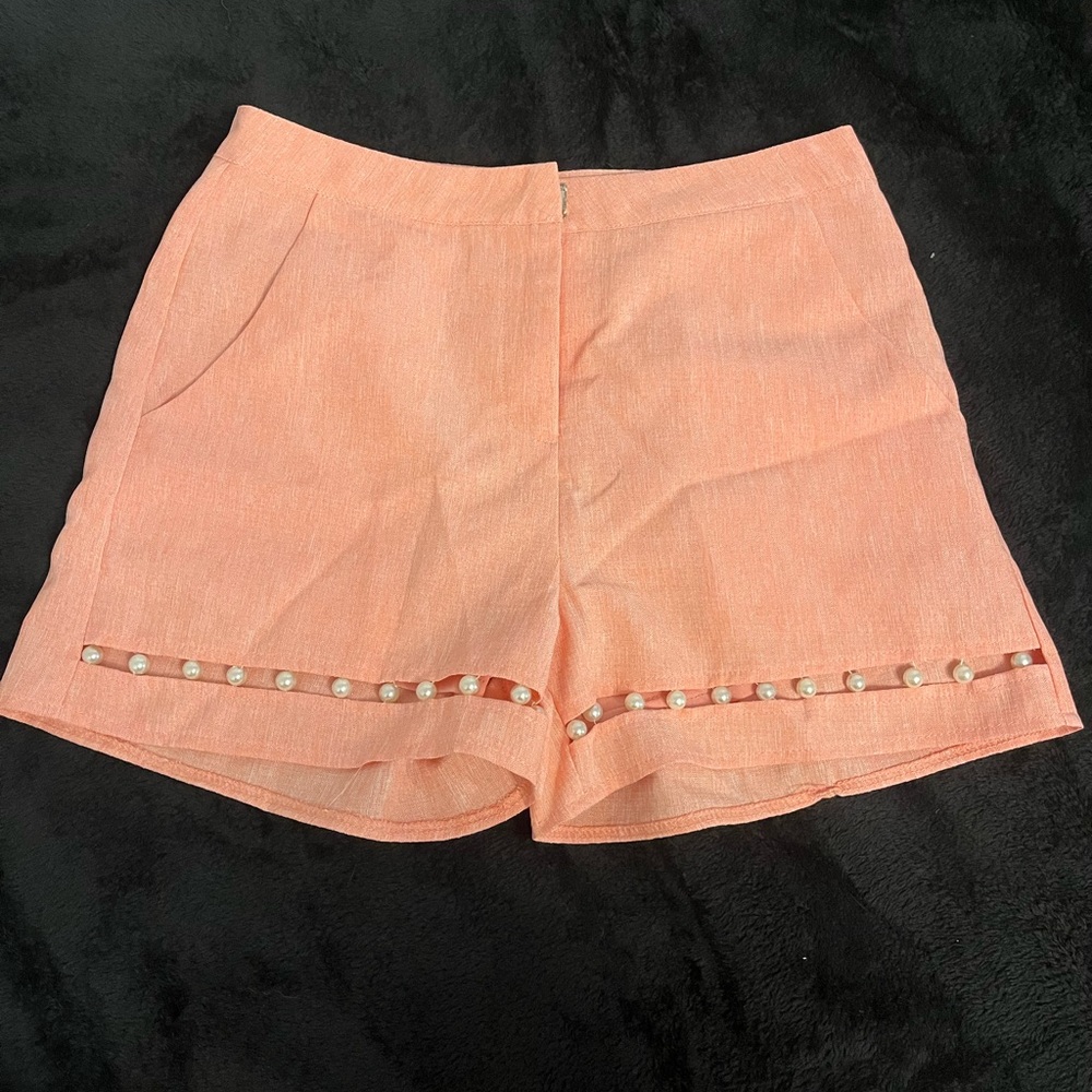 Peachy pink double lined linen shorts with pearl details. Very J; size small.